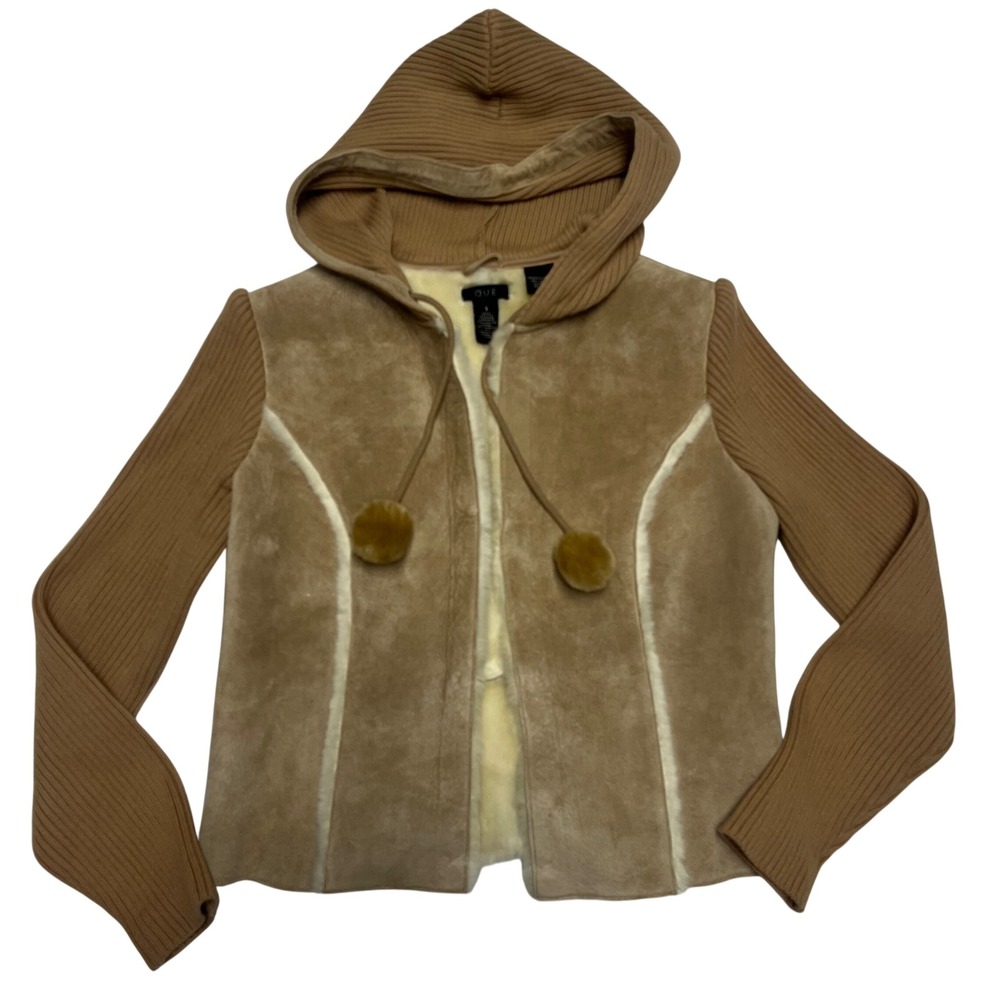 Q.U.E Tan Genuine Leather Suede Faux Fur Hooded Jacket Pom Pom Small Womens